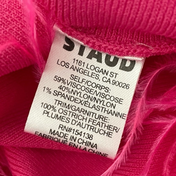 STAUD Etta Dress Feather Trim Stretch Knit Mini Bright Pink Party Festival XS - Picture 12 of 13